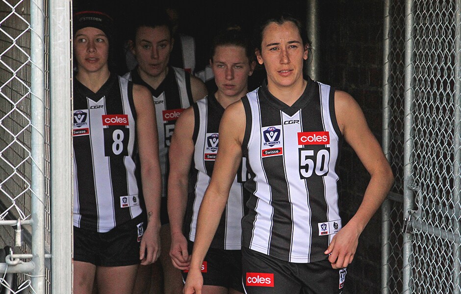 Buchan.png Collingwood skipper, Grace Buchan leads her team out for the semi-final last weekend. - Collingwood Magpies